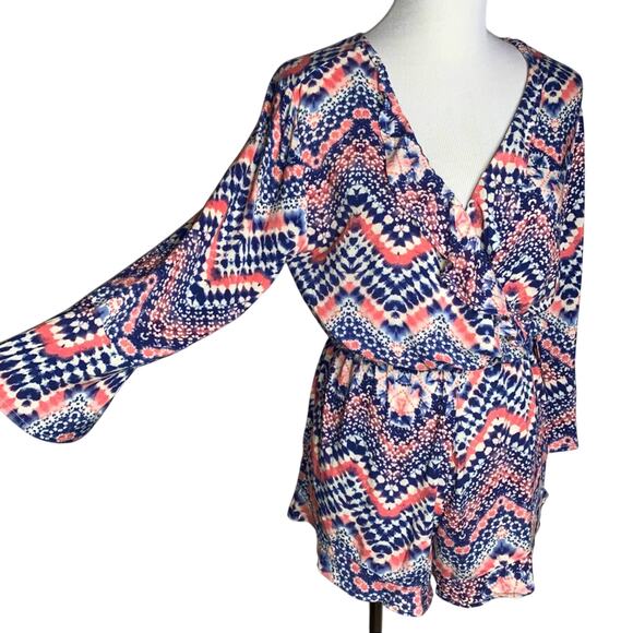Derek Heart Tie Dye 3/4 Sleeve Ruffle Romper Sz Medium - Picture 1 of 8